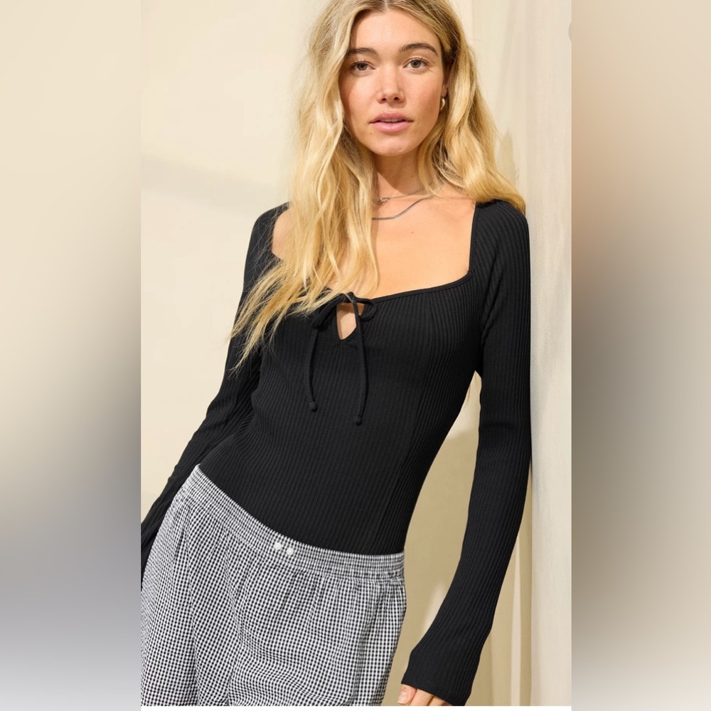 NWT Aerie Black Ribbed Long Sleeve Tie Front Bodysuit Size Small